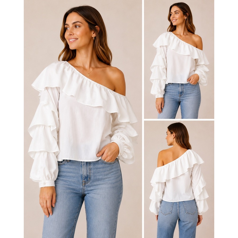 Alice + Olivia White Off Shoulder Ruffle Tiered Sleeve Blouse‎ Size S
